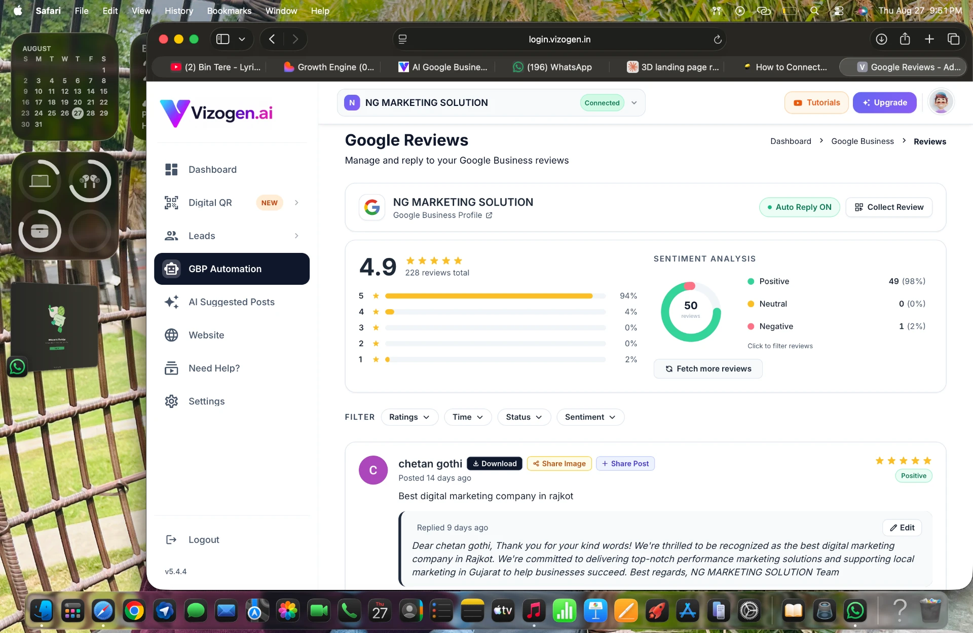 Vizogen Google Reviews dashboard with AI replies and sentiment analytics