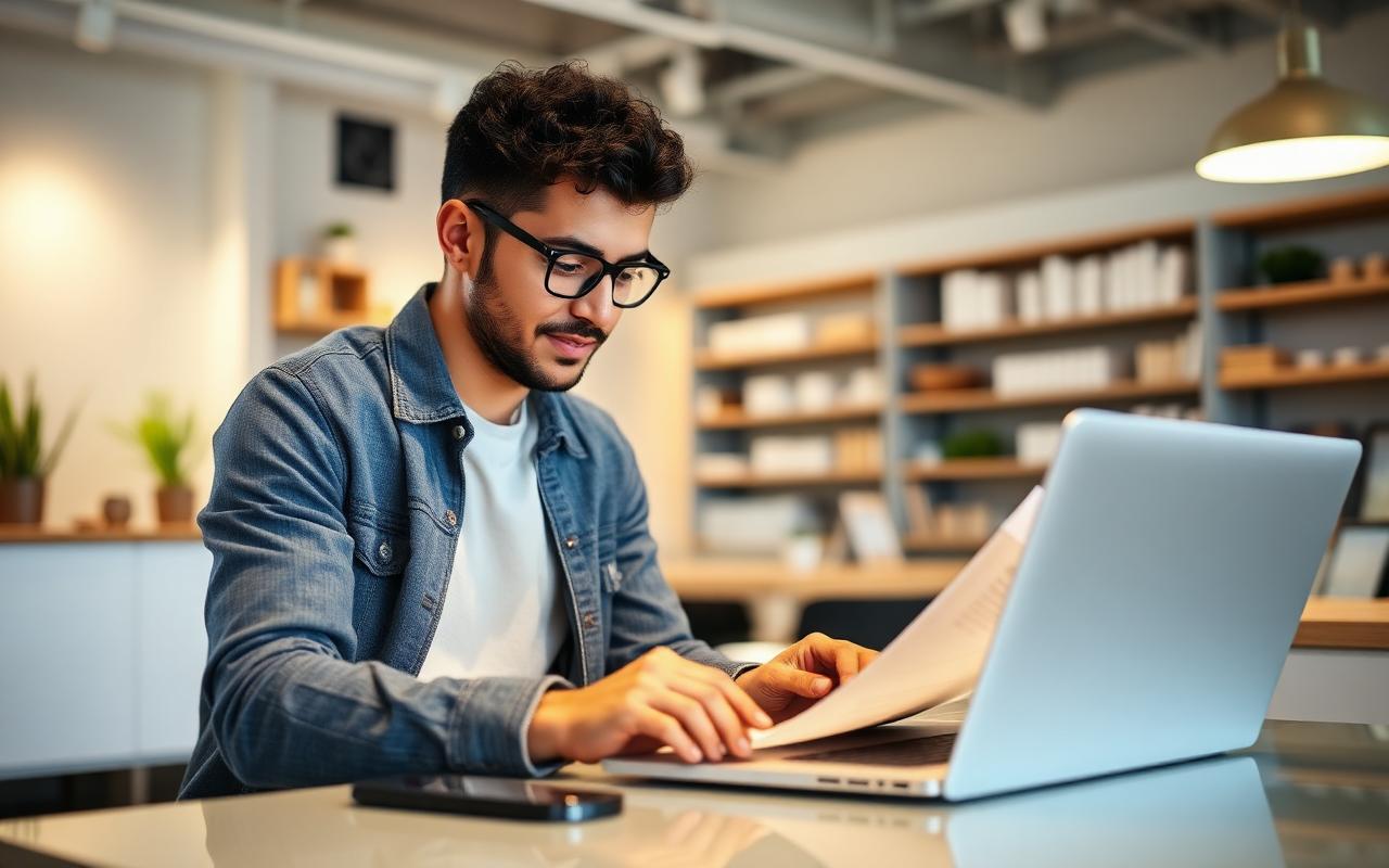 Small business owner planning a content calendar on a laptop in a bright shop