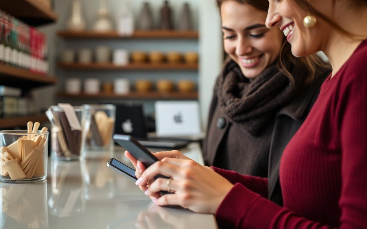 Smiling customer typing a Google review on their phone at a retail counter
