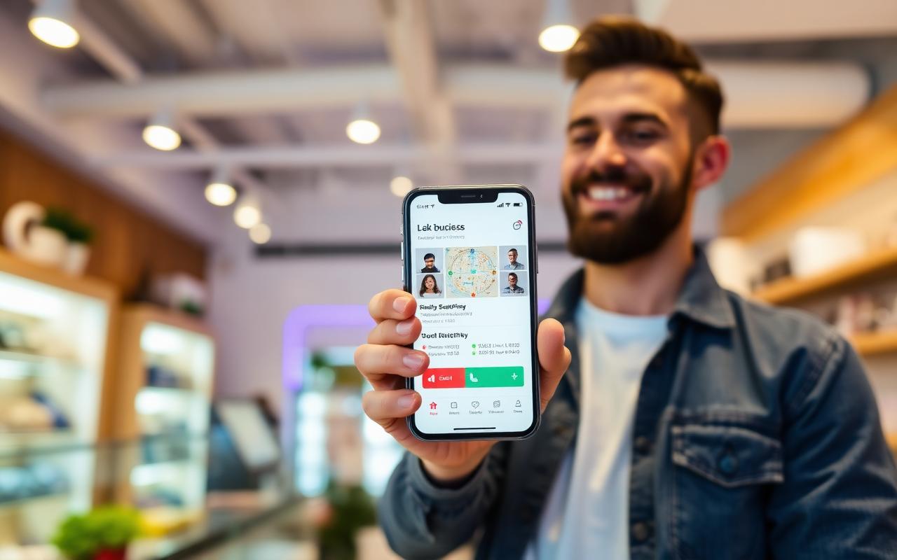 Business owner showing a Google Business Profile listing with a call button on a phone