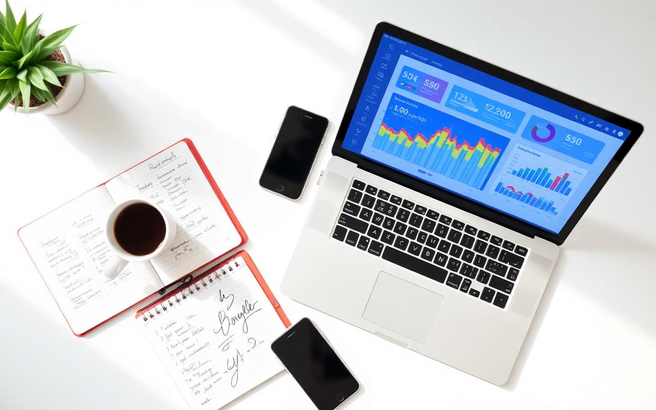 Laptop showing local SEO analytics dashboards next to a notebook and coffee on a clean modern workspace