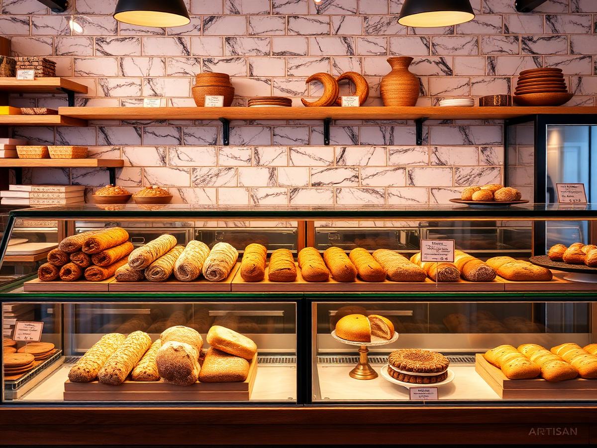 Artisan bakery counter filled with fresh breads and cakes