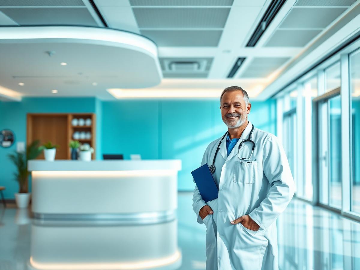 Doctor standing in a bright modern clinic reception
