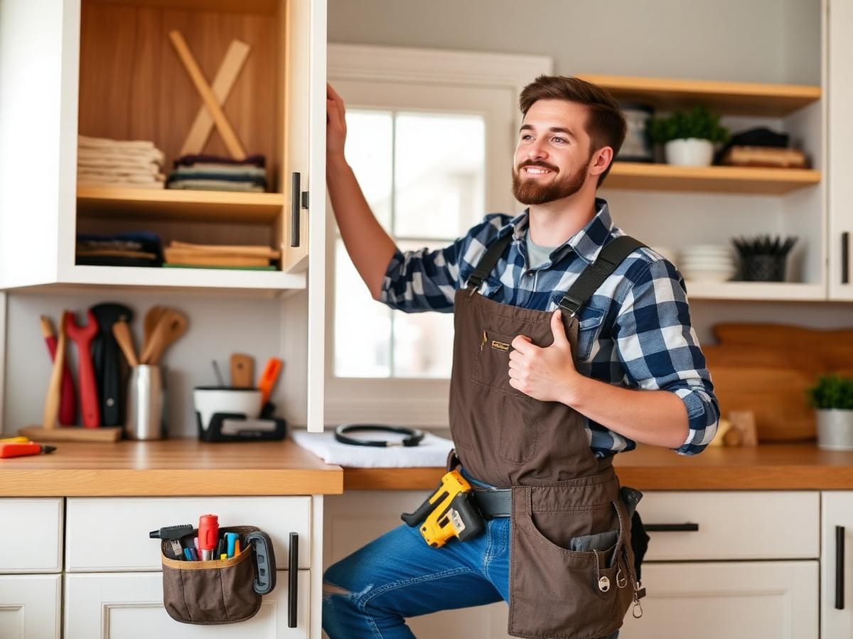 Handyman repairing a cabinet in a bright home